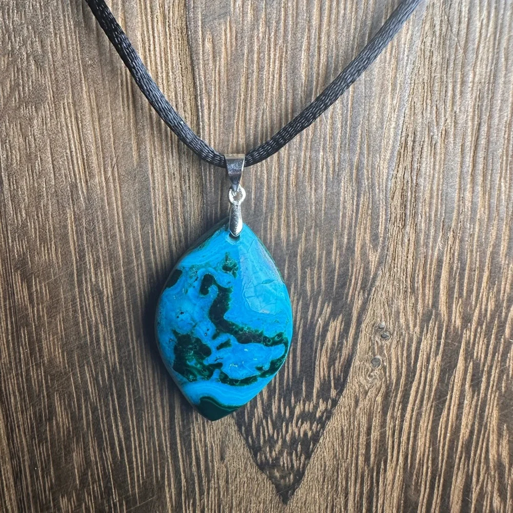 Chrysocolla Teardrop Pendant Necklace on Black Rope - Picture 6 of 14